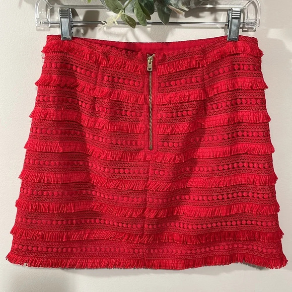 NWOT J. Crew Red Tiered Fringe Exposed Zipper Mini Skirt 0P - Picture 3 of 13